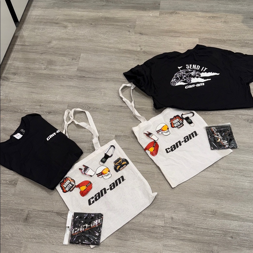 Can-Am Black White T-Shirts with Tote Bags Stickers Carabiner headband face L S